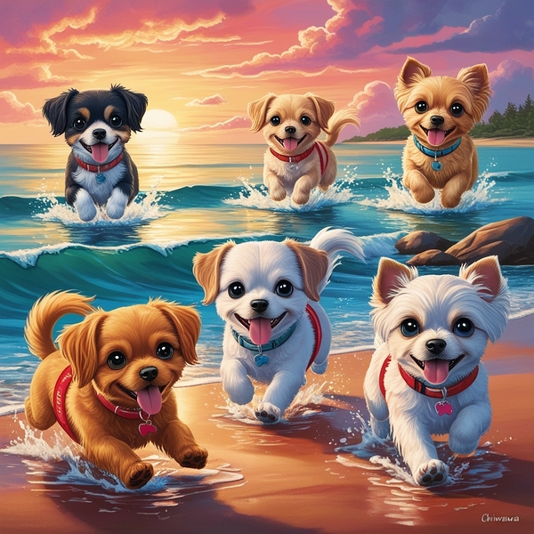 Adorable Puppies Playing at the Beach | Cute Sunset Dog Illustration Print