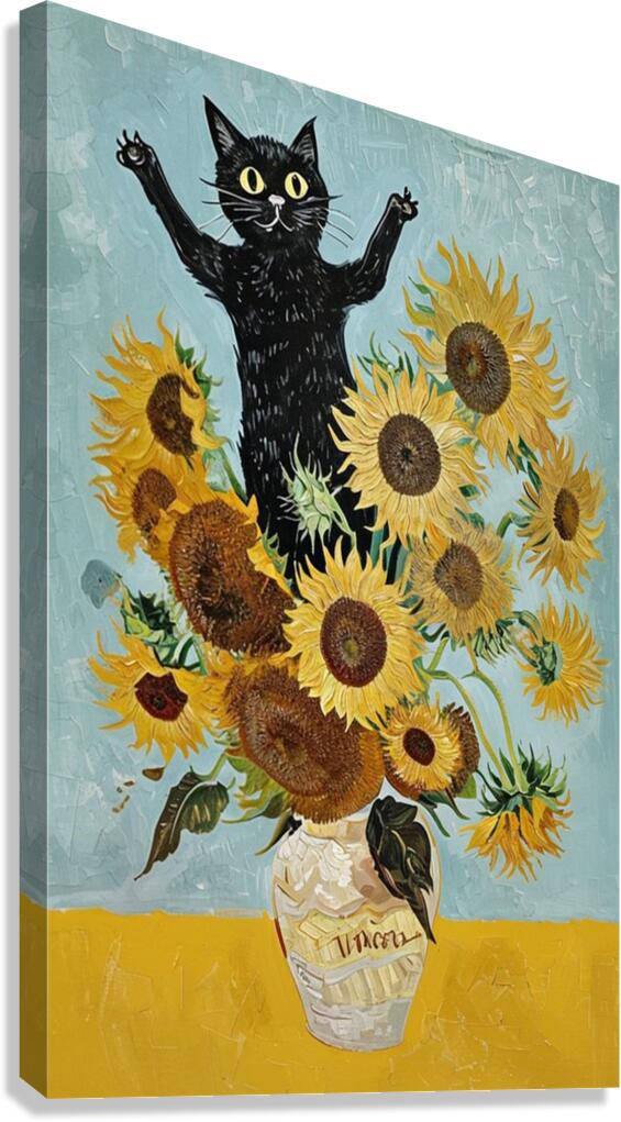 Playful Cat With Sunflowers Inspired By Van Gogh. Canvas Print