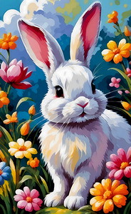 Adorable White Bunny Surrounded by Vibrant Flowers Spring Painting