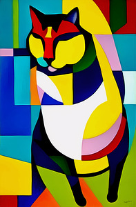 Colorful & Vibrant Retro Mid Century Modern Style Abstract Cat Painting