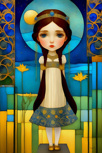 Cute Sad Kawaii Art Nouveau Style Girl Painting