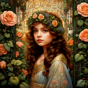Art Nouveau Style Cute Girl in Rose Garden Painting
