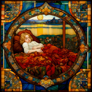 Colorful Vintage Art Nouveau Style Cute Sleeping Child Painting