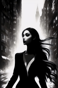 Beautiful & Mysterious Woman in the City in Black & White Painting 