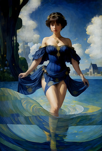 Beautiful Art Nouveau Style Girl Playing in Water Painting 