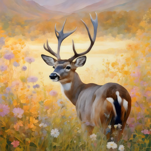 Majestic Young Deer in Wildflower Meadow – Nature Wildlife Painting
