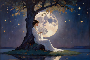 Dreamy Moonlit Night with Woman Under Tree and Stars Fantasy Art Print