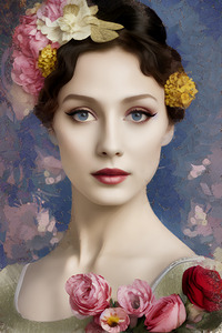 Romantic Floral Portrait of a Woman with Vintage Style and Renaissance Beauty