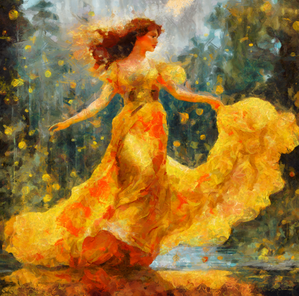 Golden Goddess Dancing in Rain – Radiant Woman in Flowing Yellow Dress