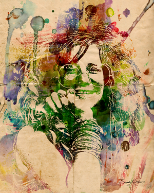 Bohemian Watercolor Portrait of Janis Joplin - Retro Psychedelic Art with Vintage Texture