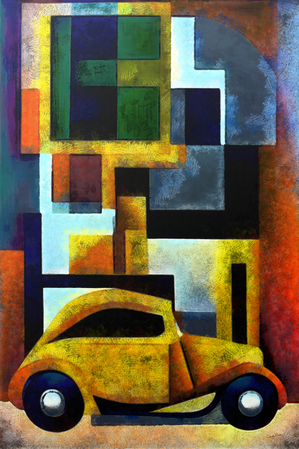 Cubist Yellow Car with Geometric Abstract Background Retro Art Print