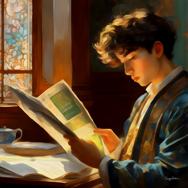 Vintage Style Cute Boy Reading the Sunday Paper Painting  by Sandy Richter