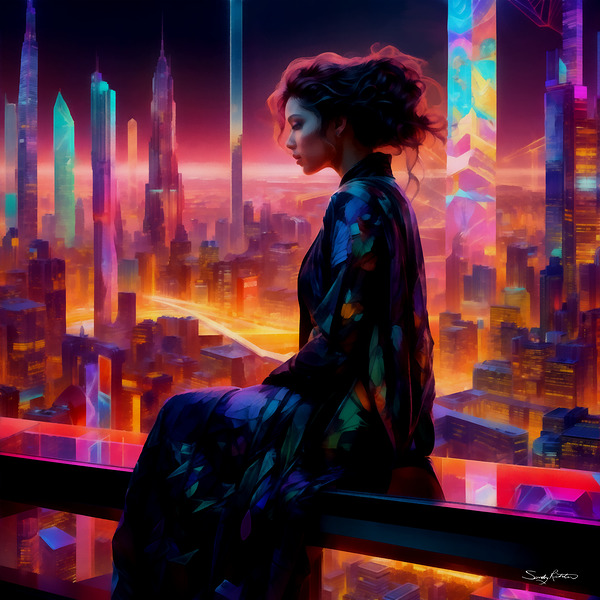 Beautiful Woman in Colorful Futuristic Cyberpunk City Painting by Sandy Richter