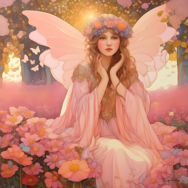 Beautiful Whimsical Pink Fairy Sitting in Flower Garden Painting  by Sandy Richter