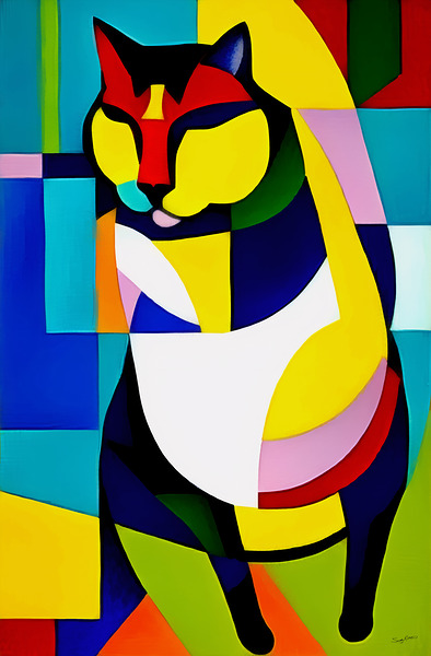 Colorful & Vibrant Retro Mid Century Modern Style Abstract Cat Painting by Sandy Richter