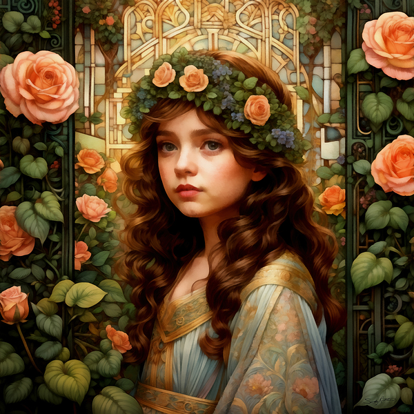 Art Nouveau Style Cute Girl in Rose Garden Painting by Sandy Richter