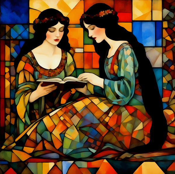 Art Nouveau Stain Glass Style Sisters Reading Painting by Sandy Richter