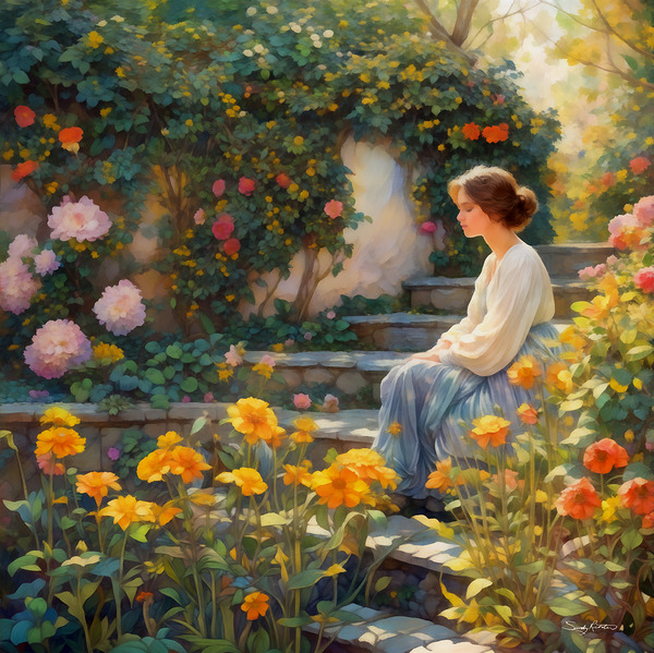 Woman Enjoying Relaxing Moment in the Garden Painting by Sandy Richter