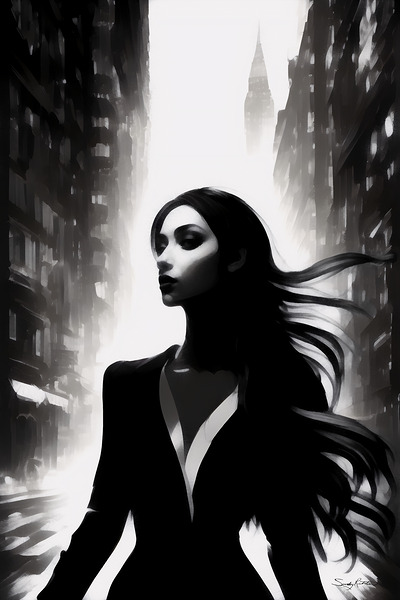 Beautiful & Mysterious Woman in the City in Black & White Painting  by Sandy Richter