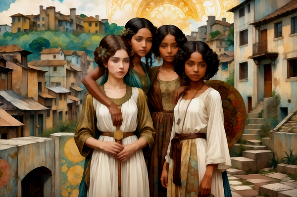 Beautiful Girls Multi Ethnic Best Friends in Village Painting by Sandy Richter