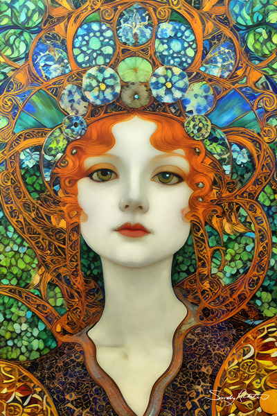 Portrait of Beautiful Woman in Vintage Tiffany Stained Glass Style by Sandy Richter