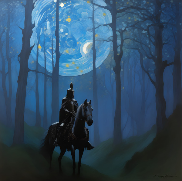Knight in the Enchanted Forest under the Moonlight Fantasy Landscape Art  by Sandy Richter
