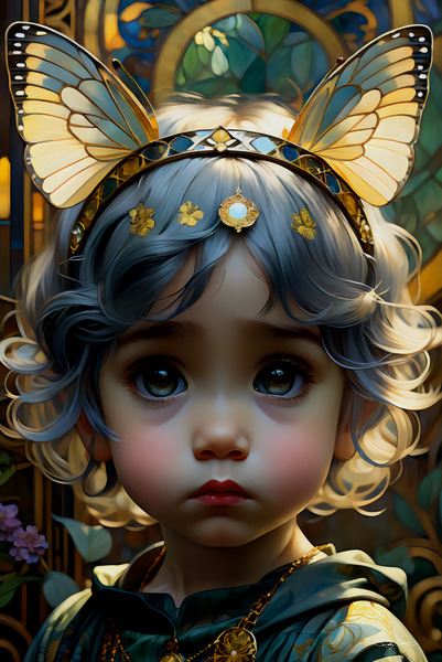 Fantasy Kawaii Girl Art with Butterfly Crown - Innocent Child Fairy Portrait by Sandy Richter