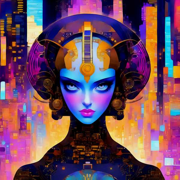Colorful Abstract Futuristic Sci-Fi Cyberpunk Fantasy Woman Painting by Sandy Richter