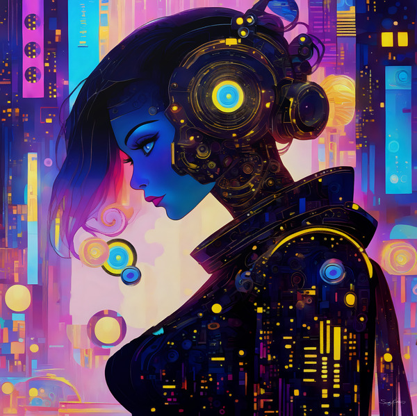 Neon Vaporwave Cyberpunk Cyborg Girl Portrait with Futuristic City Lights by Sandy Richter