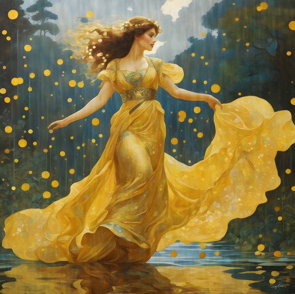 Golden Forest Goddess in Flowing Yellow Dress with Magical Light Orbs by Sandy Richter