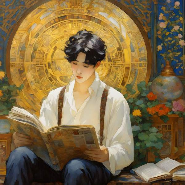 Vintage Aesthetic Book Lover - Golden Celestial Reading Painting by Sandy Richter