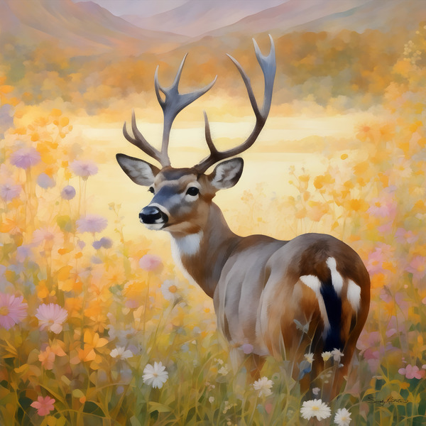 Majestic Young Deer in Wildflower Meadow – Nature Wildlife Painting by Sandy Richter