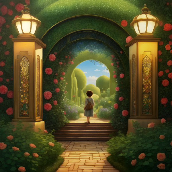 Magical Garden Archway with Roses and Lanterns – Whimsical Fantasy Artwork by Sandy Richter