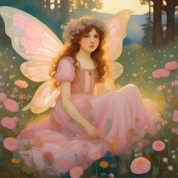 Cute Pink Fairy in a Meadow of Flowers Painting by Sandy Richter