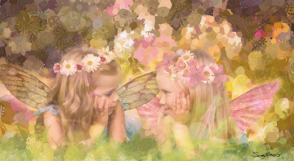 Cute Fairy Best Friends in the Garden Mixed Media Painting by Sandy Richter