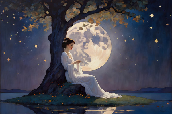 Dreamy Moonlit Night with Woman Under Tree and Stars Fantasy Art Print by Sandy Richter