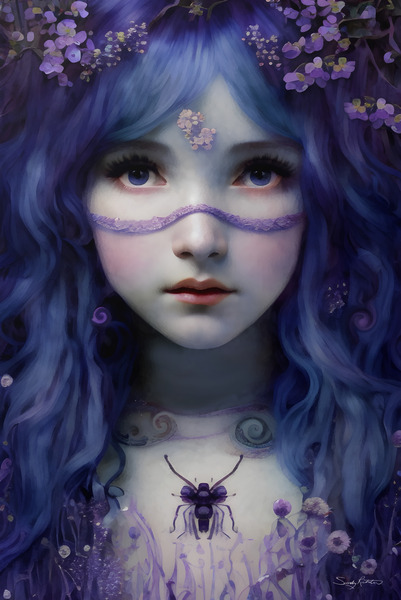 Mystical Lavender Witch - Enchanted Fantasy Portrait with Floral Magic Painting by Sandy Richter