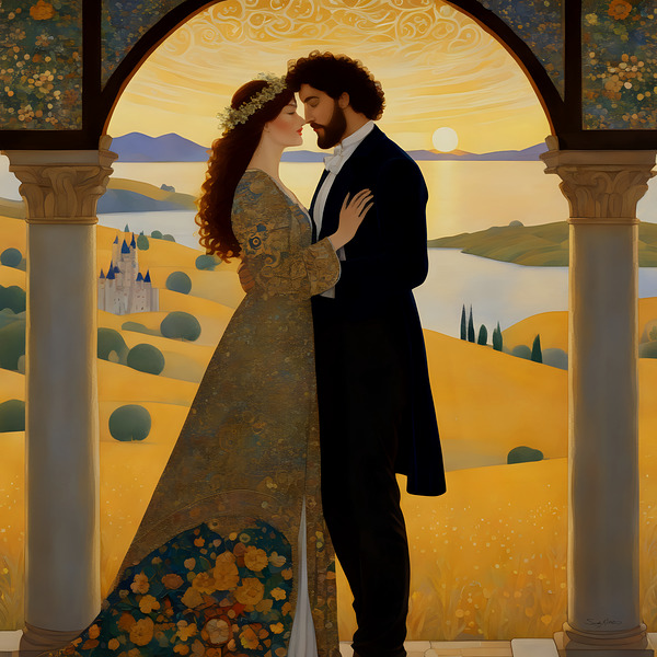 Romantic Fairytale Lovers Embrace at Sunset in Elegant Landscape with Castle by Sandy Richter