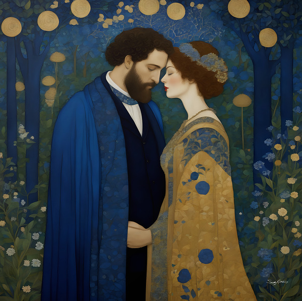 Romantic Embrace in a Golden Forest - Art Nouveau-Inspired Couple Portrait by Sandy Richter
