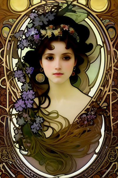 Romantic Art Nouveau Woman Portrait with Flowers and Flowing Hair  Print