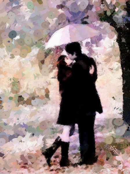 Couple in Love Kissing in the Rain Abstract Mixed Media Art by Sandy Richter