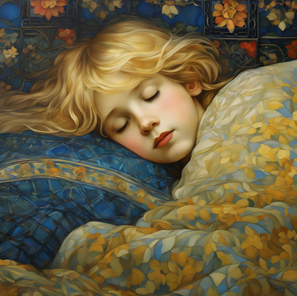 Dreamy Sleeping Child in Floral Quilt - Soft Vintage Bedtime Painting by Sandy Richter