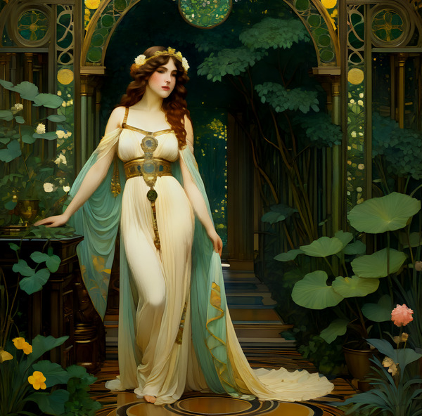 Art Nouveau Goddess in Enchanted Garden – Vintage Fantasy Woman Fine Art Print by Sandy Richter