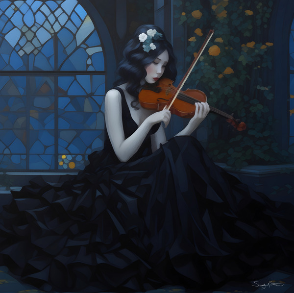 Gothic Violinist in Moonlit Garden – Dark Fantasy Elegant Art by Sandy Richter