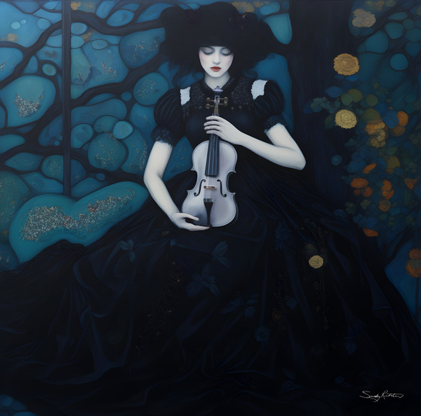 Ethereal Gothic Violinist – Dark Fantasy Woman with Violin in Moonlit Dream by Sandy Richter