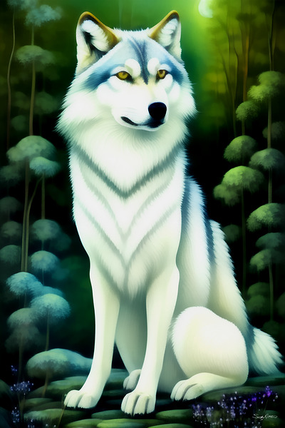 Beautiful White Wolf in the Forest Moonlight Painting by Sandy Richter