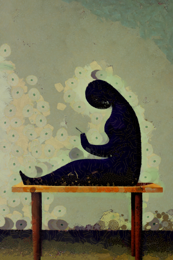 Abstract Silhouette of Girl using Cellphone Minimalist Painting by Sandy Richter