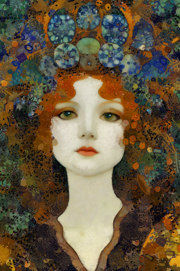 Art Nouveau Redhead Portrait with Ornamental Floral Crown and Vibrant Patterns  by Sandy Richter