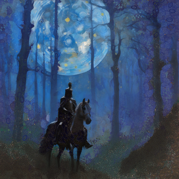 Knight in the Enchanted Forest under the Moonlight Fantasy Landscape Art  by Sandy Richter