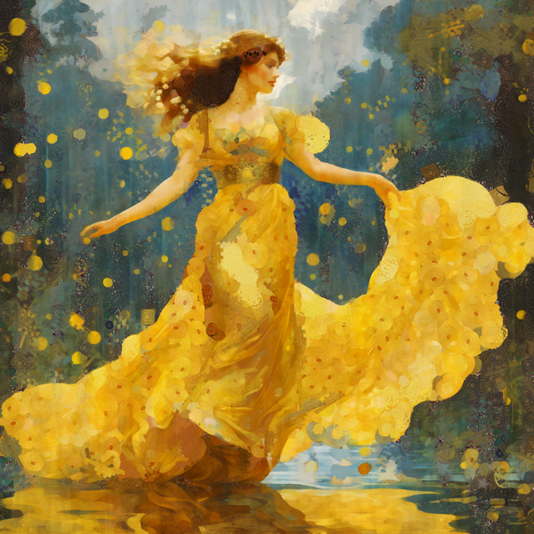 Golden Goddess Dancing in Rain – Radiant Woman in Flowing Yellow Dress by Sandy Richter